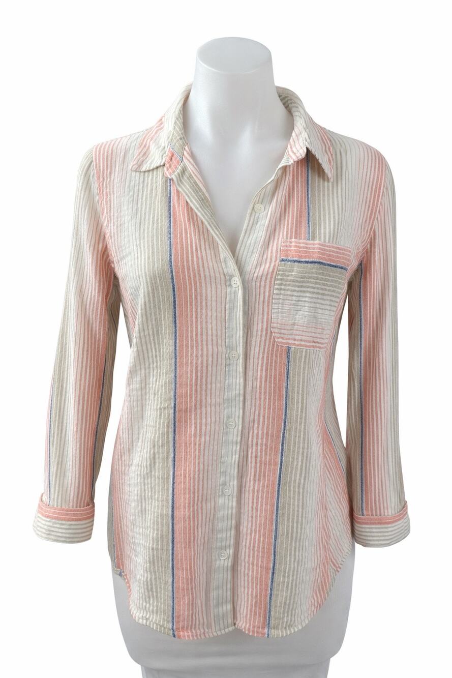 Liverpool Women's Beige Coral Striped Long Sleeve Button Down Shirt Top Size S